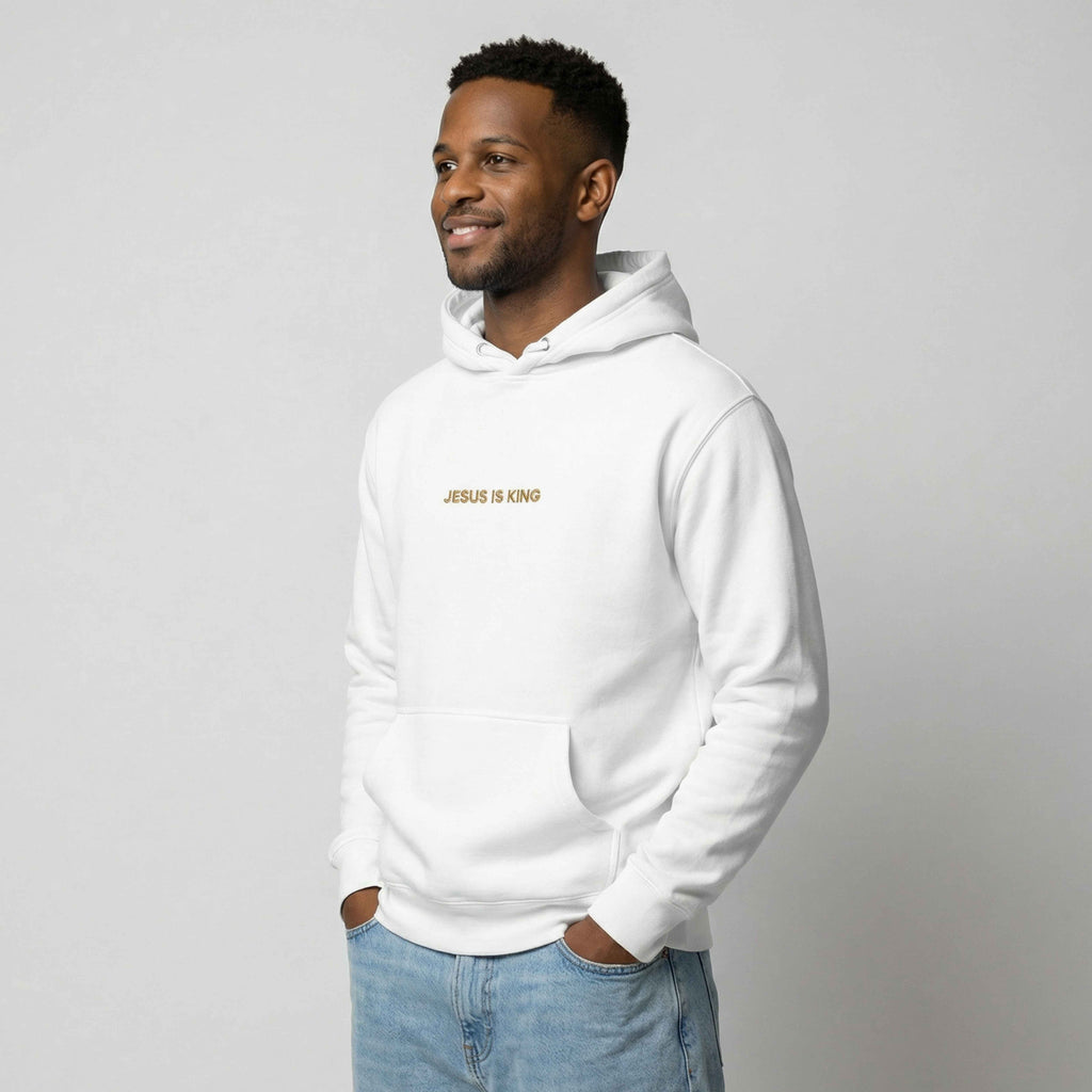 Man wearing Jesus is King Hoodie left