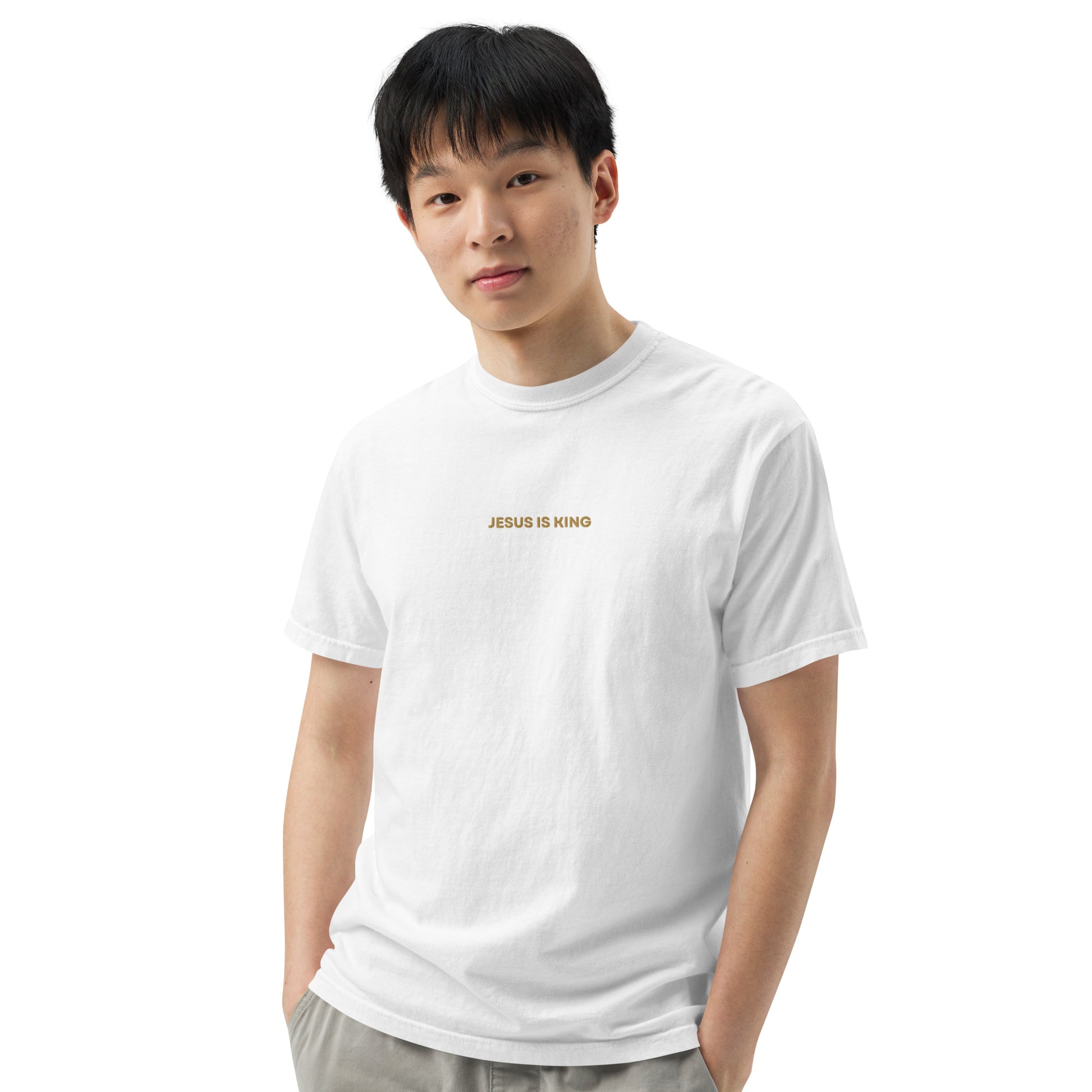 jesus-is-king-embroidered-christian-t-shirt-white-model