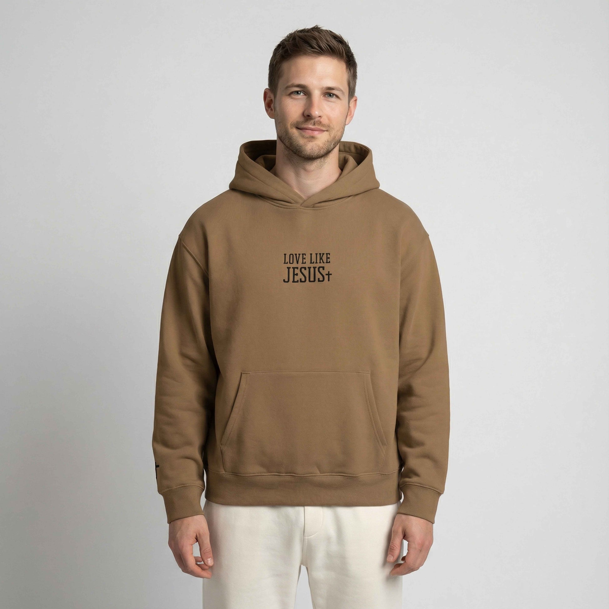 love-like-jesus-2-embroidered-christian-hoodie-brown-man-front