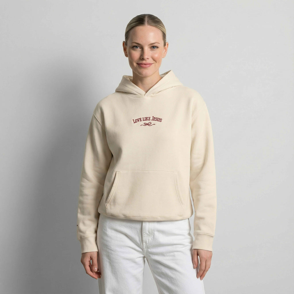 love-like-jesus-embroidered-christian-hoodie-beige-model-front