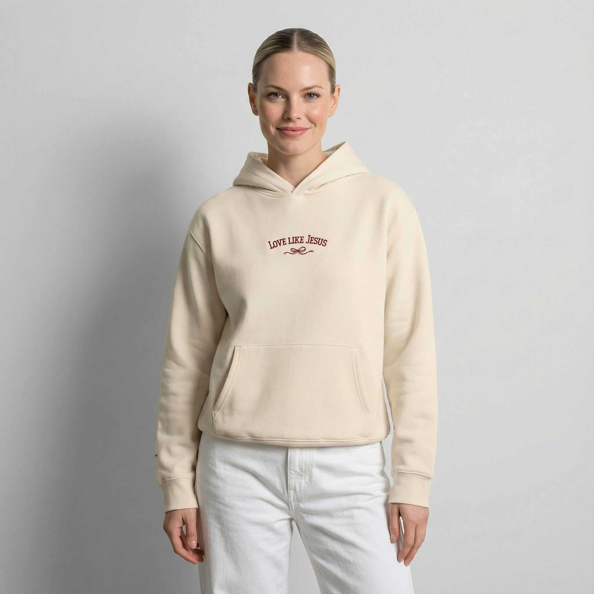 love-like-jesus-embroidered-christian-hoodie-beige-model-front