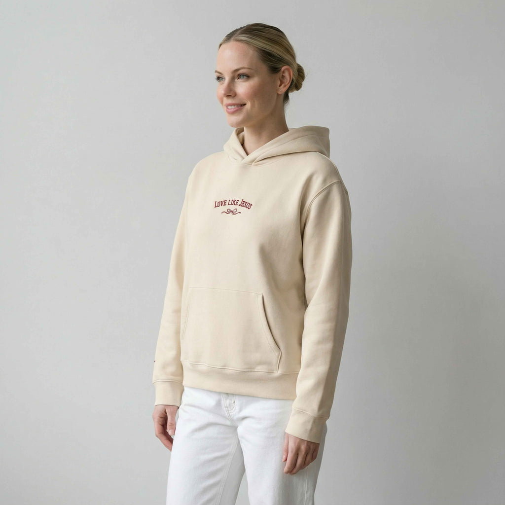 love-like-jesus-embroidered-christian-hoodie-beige-model-left