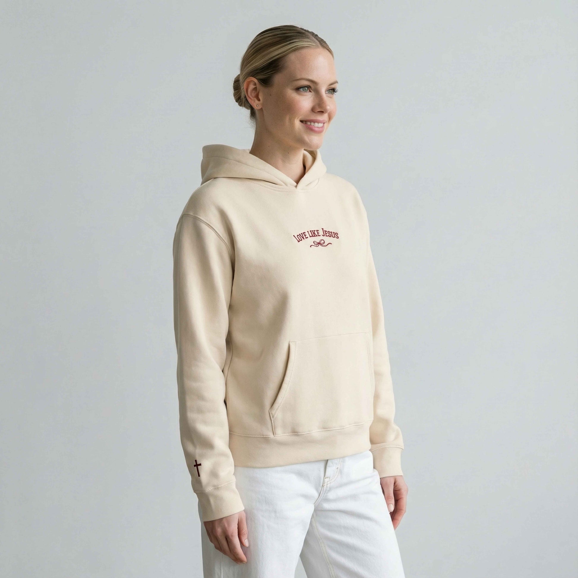 love-like-jesus-embroidered-christian-hoodie-beige-model-right