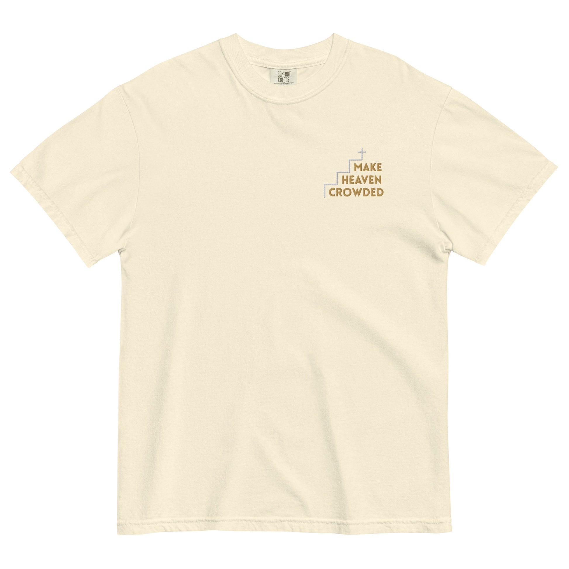 make-heaven-crowded-embroidered-christian-t-shirt-beige-front-1