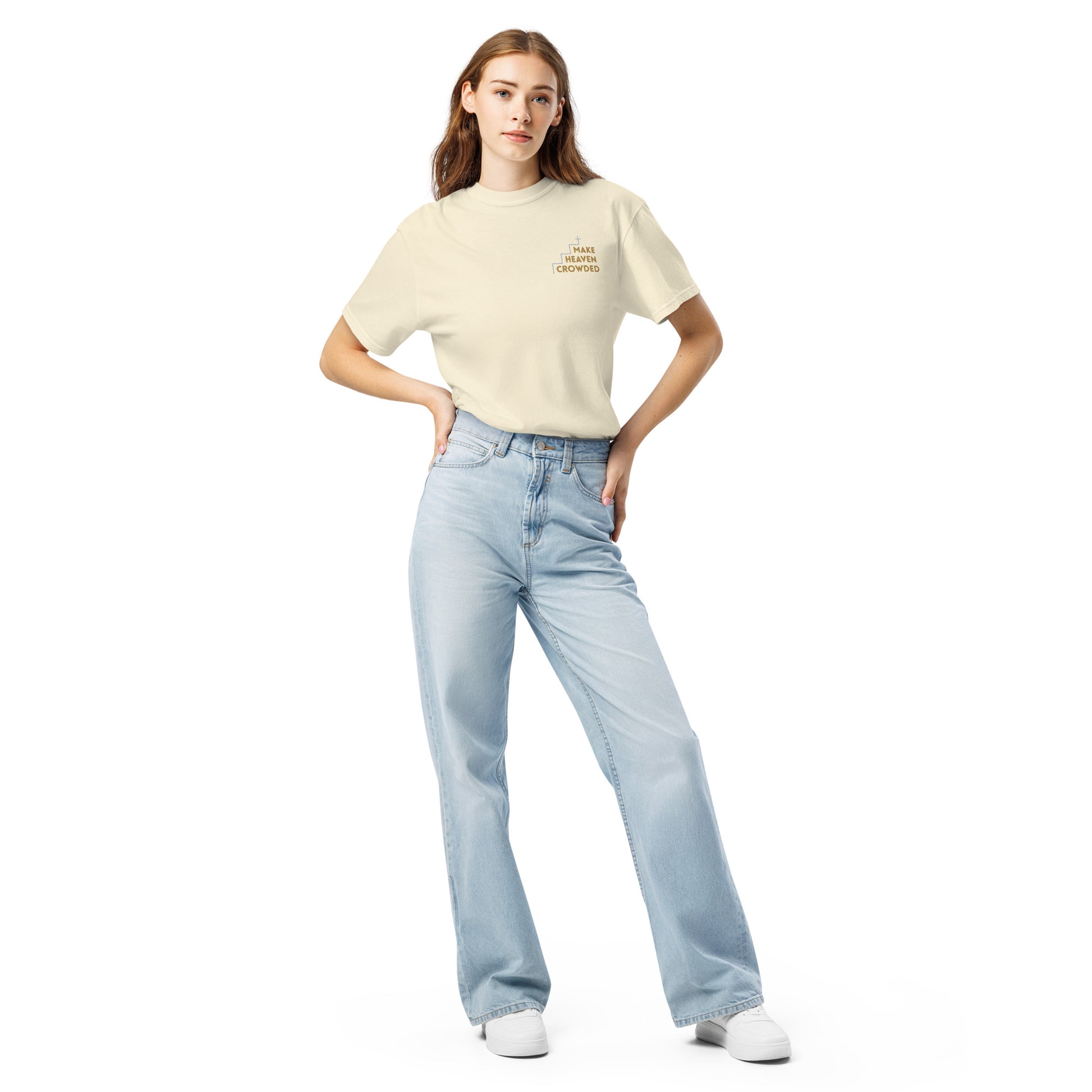 make-heaven-crowded-embroidered-christian-t-shirt-beige-model-girl