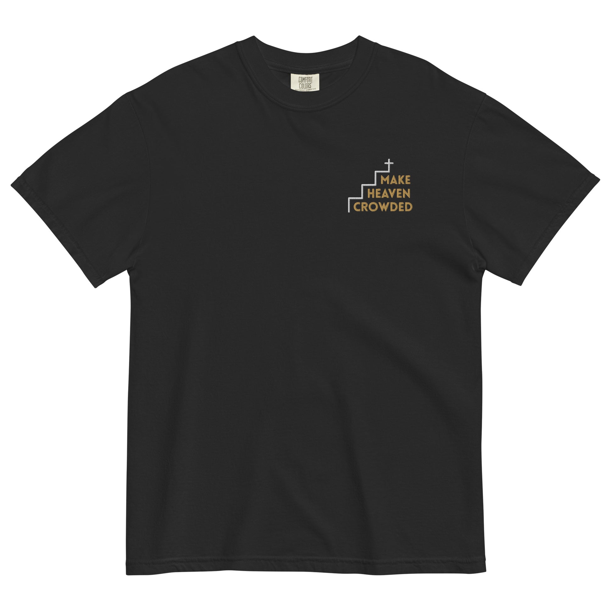 make-heaven-crowded-embroidered-christian-t-shirt-black-front-1