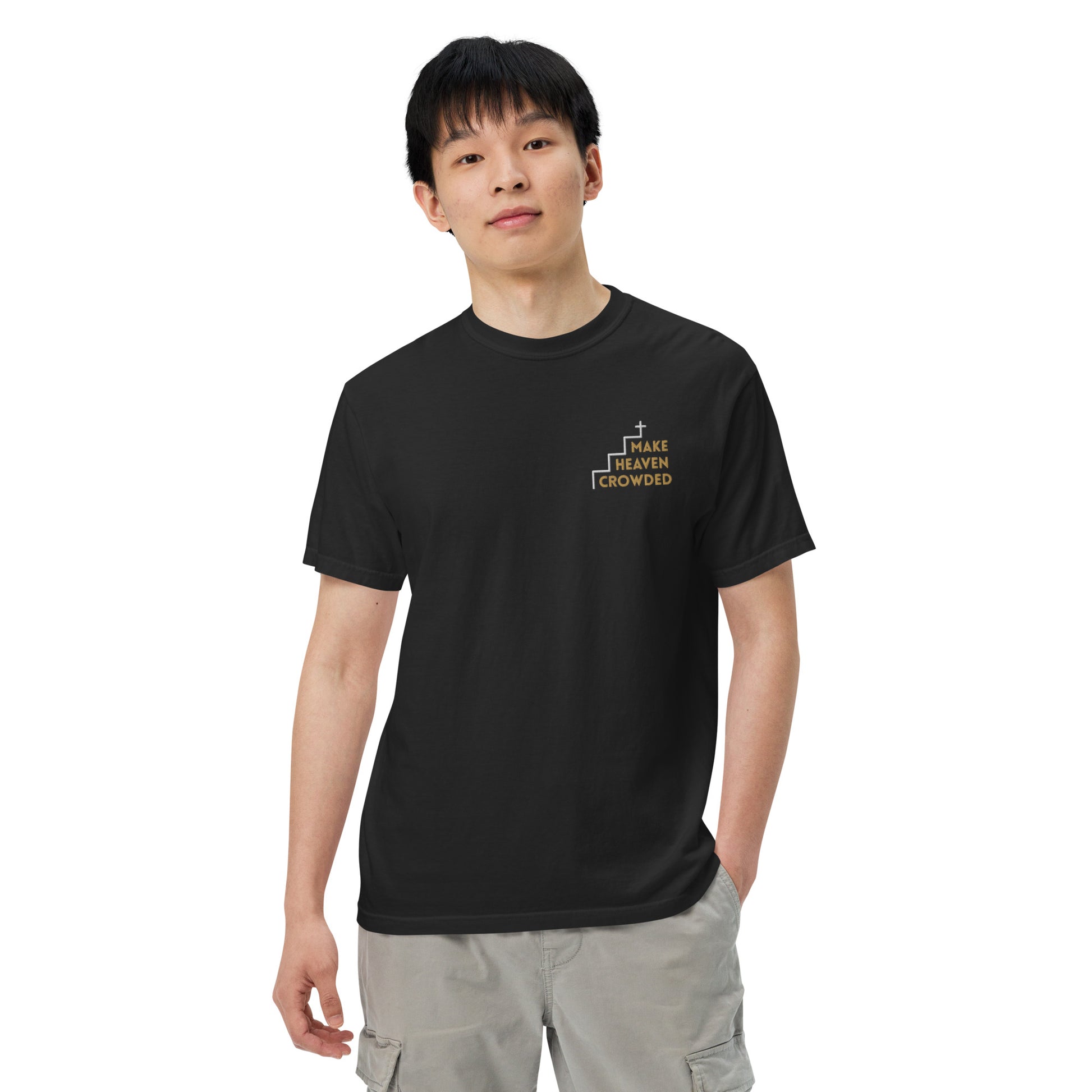 make-heaven-crowded-embroidered-christian-t-shirt-black-model-man