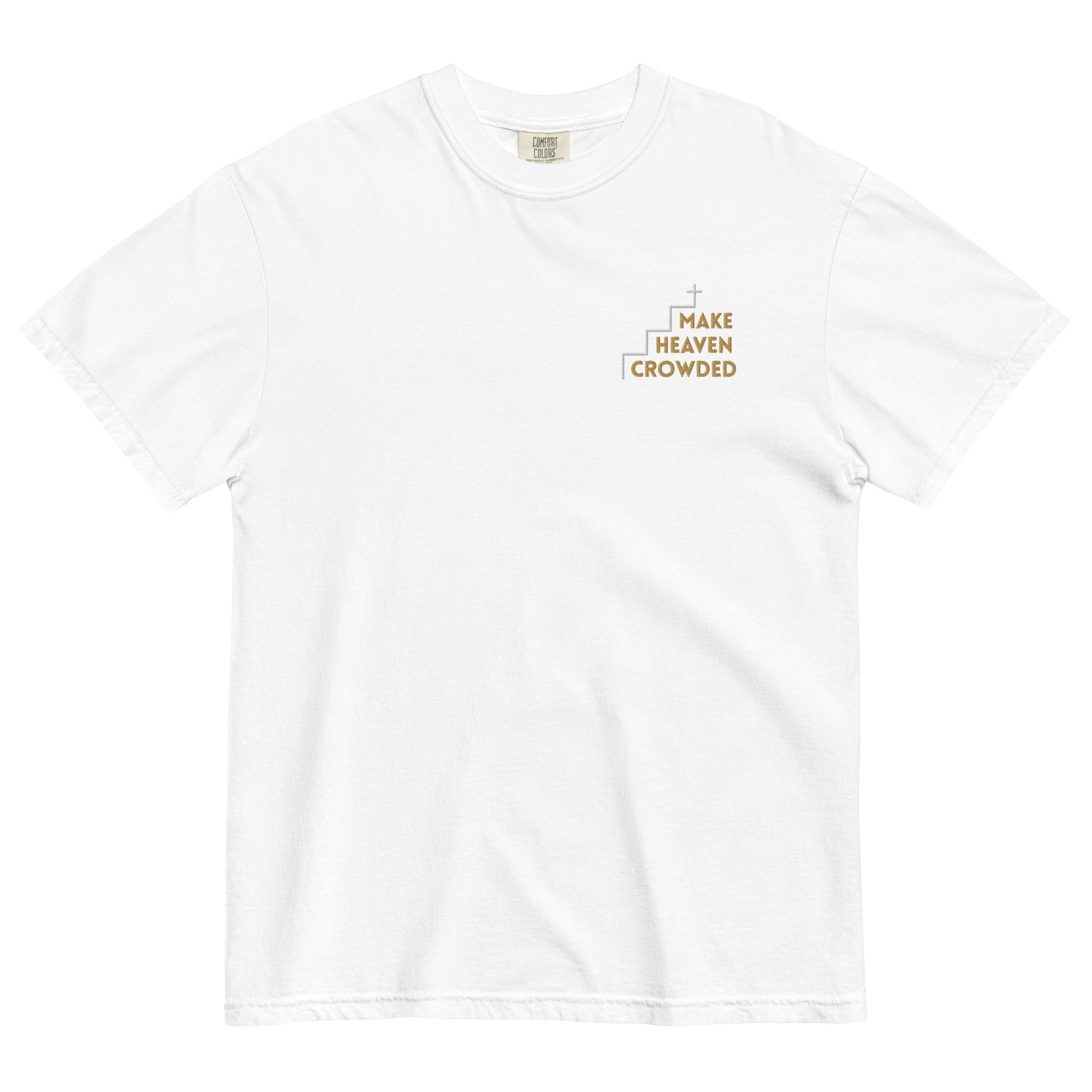 make-heaven-crowded-embroidered-christian-t-shirt-white-front-1