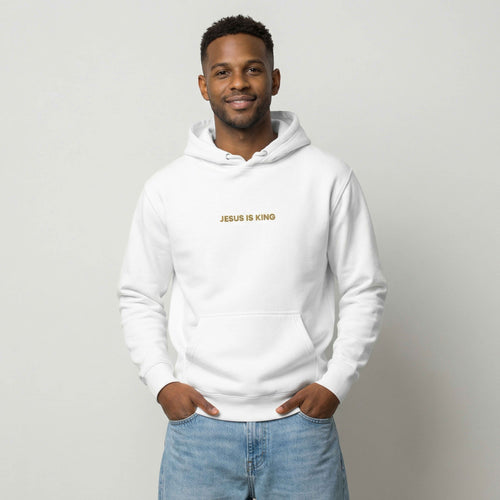 man wearing Jesus is King embroidered Christian Hoodie