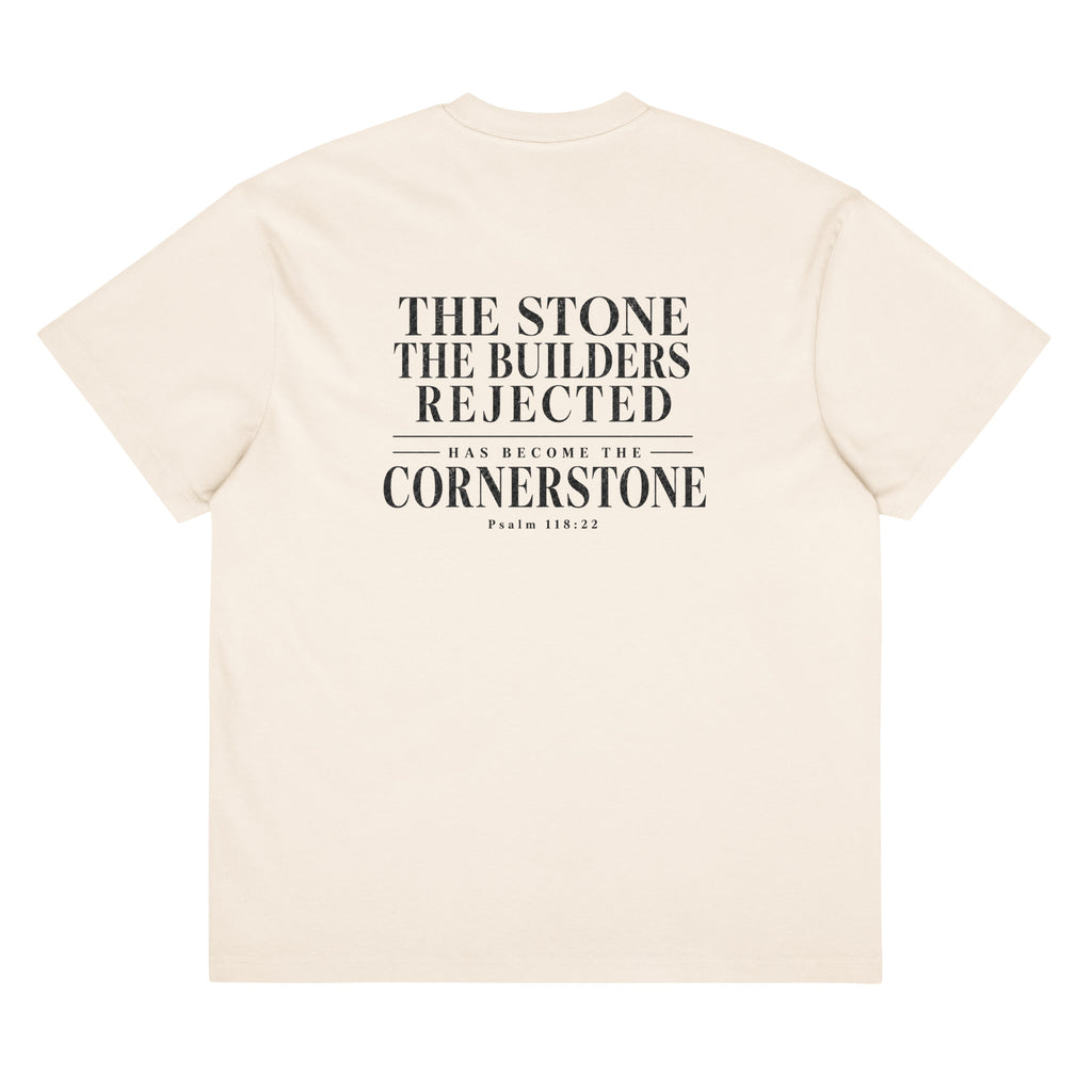 Cornerstone Oversized T-Shirt in Vintage White back — Psalm 118:22 by Kingdom Dividends